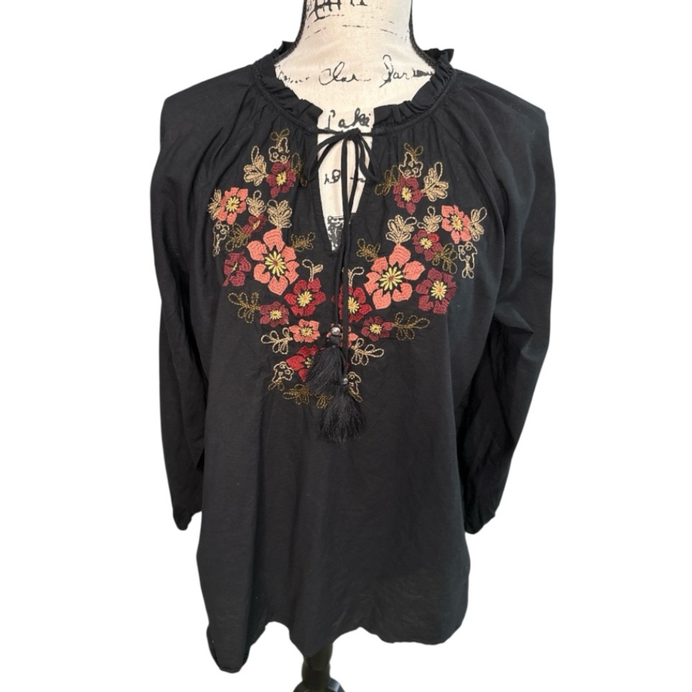 Black Floral Embroidered Boho Tunic Top Gypsycore Relaxed Blouse Festival L - Picture 7 of 9